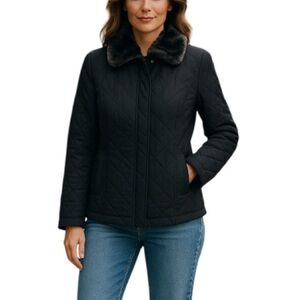 VINTAGE Wool Blend Quilted Jacket Alfred Sung Black Faux Fur Collar NWT Size S